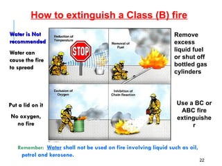 How to extinguish a Class (B) fire
Water is Not
Water is Not
recommended
recommended
Water can
Water can
cause the fire
cause the fire
to spread
to spread
Remove
excess
liquid fuel
or shut off
bottled gas
cylinders
Put a lid on it
Put a lid on it
No oxygen,
No oxygen,
no fire
no fire
Use a BC or
ABC fire
extinguishe
r
Remember: Water shall not be used on fire involving liquid such as oil,
petrol and kerosene.
22
 