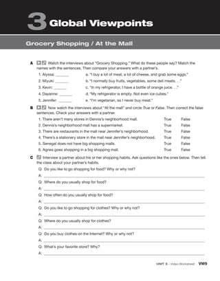 UNIT 3 • Video Worksheet VW9
Grocery Shopping / At the Mall
A Watch the interviews about “Grocery Shopping.” What do these people say? Match the
names with the sentences. Then compare your answers with a partner’s.
1. Alyssa:
2. Miyuki:
3. Kevin:
4. Dayanne:
5. Jennifer:
a. “I buy a lot of meat, a lot of cheese, and grab some eggs.”
b. “I normally buy fruits, vegetables, some deli meats. . .”
c. “In my refrigerator, I have a bottle of orange juice. . .”
d. “My refrigerator is empty. Not even ice cubes.”
e. “I’m vegetarian, so I never buy meat.”
B Now watch the interviews about “At the mall” and circle True or False. Then correct the false
sentences. Check your answers with a partner.
1. There aren’t many stores in Dennis’s neighborhood mall.
2. Dennis’s neighborhood mall has a supermarket.
3. There are restaurants in the mall near Jennifer’s neighborhood.
4. There’s a stationery store in the mall near Jennifer’s neighborhood.
5. Senegal does not have big shopping malls.
6. Agnes goes shopping in a big shopping mall.
True False
True False
True False
True False
True False
True False
C Interview a partner about his or her shopping habits. Ask questions like the ones below. Then tell
the class about your partner’s habits.
Q: Do you like to go shopping for food? Why or why not?
A:
Q: Where do you usually shop for food?
A:
Q: How often do you usually shop for food?
A:
Q: Do you like to go shopping for clothes? Why or why not?
A:
Q: Where do you usually shop for clothes?
A:
Q: Do you buy clothes on the Internet? Why or why not?
A:
Q: What’s your favorite store? Why?
A:
Global Viewpoints
3
 