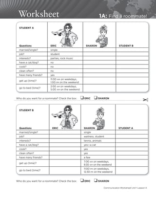 Worksheet 1A: Find a roommate!
Who do you want for a roommate? Check the box: ❑ ERIC   ❑ SHARON
Who do you want for a roommate? Check the box: ❑ ERIC   ❑ SHARON
✂
STUDENT A
Questions ERIC SHARON STUDENT B
married/single? single
job? student
interests? parties, rock music
have a cat/dog? no
cook? no
clean often? no
have many friends? yes
get up (time)?
11:00 AM on weekdays,
1:00 PM on the weekend
go to bed (time)?
2:00 AM on weekdays,
5:00 AM on the weekend
STUDENT B
Questions ERIC SHARON STUDENT A
married/single? single
job? waitress, student
interests? tennis, animals
have a cat/dog? yes—a cat
cook? yes
clean often? yes
have many friends? a few
get up (time)?
7:00 AM on weekdays,
8:30 AM on the weekend
go to bed (time)?
11:00 PM on weekdays,
12:30 PM on the weekend
Communication Worksheet Unit 1 Lesson A
 