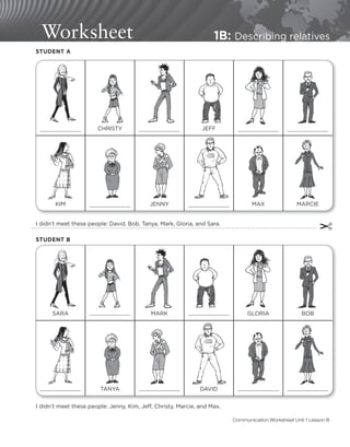 Worksheet 1B: Describing relatives
I didn’t meet these people: Jenny, Kim, Jeff, Christy, Marcie, and Max.
I didn’t meet these people: David, Bob, Tanya, Mark, Gloria, and Sara.
✂
CHRISTY JEFF
KIM JENNY MAX MARCIE
STUDENT A
STUDENT B
SARA MARK GLORIA BOB
TANYA DAVID
Communication Worksheet Unit 1 Lesson B
 