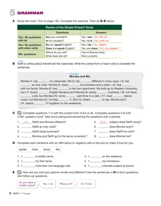 5 GRAMMAR
A Study the chart. Turn to page 195. Complete the exercise. Then do B–E below.
C Complete questions 1–4 with the correct form of be or do. Complete questions 5–8 with
a Wh- question word. Take turns asking and answering the questions with a partner.
1. Are Steffi and Monika different?
2. Steffi an only child?
3. Steffi study business?
4. Monika and Steffi go to the same university?
Monika and Me
Monika (1. be) is my classmate. We (2. be) different in many ways. I (3. be)
an only child. Monika (4. have) two brothers and a sister. I (5. live)
with my family. Monika (6. live) in her own apartment. We both go to Western University,
but I (7. study) English literature and Monika (8. study) business. I (9. not have)
a job, but Monika (10. work) part-time in a cafe. I (11. love) dance
music, but Monika (12. not like) it. She (13. listen) to rap. Monika and I
(14. watch) TV together on the weekends.
B Steffi is writing about herself and her classmate. Write the correct form of each verb to complete the
sentences.
5. What subject does Steffi study?
6. does Monika work?
7. does Steffi live with?
8. does Monika live?
D Complete each sentence with an affirmative or negative verb in the box to make it true for you.
speak have study like
1. I a middle name.
2. I my first name.
3. I more than one language well.
4. I on the weekend.
5. I my hometown.
6. I a favorite subject at school.
E How are you and your partner similar and different? Use the sentences in D to form questions.
Ask follow-up questions.
Do you have a
middle name?
What is it?
Yes, I do. It’s Victor.
Review of the Simple Present Tense
Questions Answers
Yes / No questions
with be
Are you a student?
Is he a student?
Yes, I am. / No, I’m not.
Yes, he is. / No, he’s not.
Yes / No questions
with other verbs
Do you speak English?
Does she speak English?
Yes, I do. / No, I don’t.
Yes, she does. / No, she doesn’t.
Wh- questions
Where do you live?
What does she do?
I live in Buenos Aires.
She’s a doctor.
/ˈstɛfi/
/ˈmɑnɪkə/
8 UNIT 1 • People
 