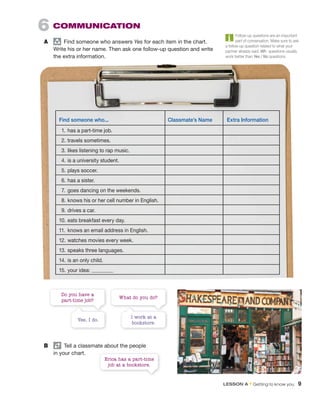 Find someone who... Classmate’s Name Extra Information
1. has a part-time job.
2. travels sometimes.
3. likes listening to rap music.
4. is a university student.
5. plays soccer.
6. has a sister.
7. goes dancing on the weekends.
8. knows his or her cell number in English.
9. drives a car.
10. eats breakfast every day.
11. knows an email address in English.
12. watches movies every week.
13. speaks three languages.
14. is an only child.
15. your idea:
6 COMMUNICATION
A group
Find someone who answers Yes for each item in the chart.
Write his or her name. Then ask one follow-up question and write
the extra information.
Follow-up questions are an important
part of conversation. Make sure to ask
a follow-up question related to what your
partner already said. Wh- questions usually
work better than Yes / No questions.
B Tell a classmate about the people
in your chart.
Yes, I do.
I work at a
bookstore.
Do you have a
part-time job?
Erica has a part-time
job at a bookstore.
What do you do?
LESSON A • Getting to know you 9
 