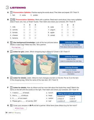 3 LISTENING
A Pronunciation: Syllables. Practice saying the words aloud. Then listen and repeat. CD 1 Track 15
1. fish 2. soda 3. potato
B Pronunciation: Syllables. Work with a partner. Read each word aloud. How many syllables
does it have: one, two, or three? Guess. Then listen and check your answers. CD 1 Track 16
1 2 3
1. milk
2. carrots
3. tomato
4. cheese
5. banana
E Listen for details. Listen. Allison’s mom changes one item on the list. Put an X on the item
in the shopping bag. Write the name of the new item. CD 1 Track 18
F Listen for details. How do Allison and her mom talk about the foods they need? Match the
items on the left with the words on the right. Then listen and check your answers. CD 1 Track 19
1. I need a of bread. a. bunch
2. And a of lettuce. b. head
3. A of ice cream. c. carton
4. Please get a of carrots, OK? d. loaf
G Cover your answers in D–F and tell a partner: What items does Allison buy for her mom?
6. cake
7. yogurt
8. apple
9. cereal
C Use background knowledge. Look at the two pictures below.
What’s in each bag? Make two lists. Tell a partner.
D Listen for gist. Listen. Which shopping bag is Allison’s? Circle it. CD 1 Track 17
1 2 3
Listening Strategy
Use Background Knowledge
Think about what you already know.
Listening Strategy
LIsten for Gist
Listen to understand the main idea.
Listening Strategy
Listen for Details
Listen carefully for important
information.
the bag on the left: chicken, bread, lettuce, cheese, tomatoes
the bag on the right: chicken, bread, lettuce, ice cream, potatoes
What’s in each bag? Make two lists. Tell a partner.
This bag has...
Cover your answers in
Allison buys...
Talking about specific amounts
a bunch of a loaf of
a head of a can of
a carton of a piece of
/ˈælɪsən/
34 UNIT 3 • Shopping
 