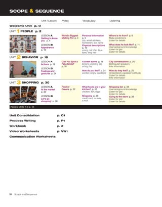 Unit / Lesson Video Vocabulary Listening
Welcome Unit  p. vi
UNIT 1 PEOPLE  p. 2
LESSON A
Getting to know
you   p. 4
LESSON B
Appearance 
p. 10
World’s Biggest
Melting Pot  p. 4
Personal information 
p. 5
city, email address,
hometown, last name
Physical descriptions 
p. 10
young, tall, thin, blue
eyes, long hair

Where is he from?  p. 6
Make predictions
Listen for details
What does he look like?  p. 11
Use background knowledge
Listen for gist
Listen for details
UNIT 2 BEHAVIOR  p. 16
LESSON A
Actions  p. 18
LESSON B
Feelings and
gestures  p. 24
Can You Spot a
Fake Smile? 
p. 18

A street scene  p. 19
looking, pointing (at),
sitting (on)

How do you feel?  p. 24
excited, angry, confident
City conversations  p. 20
Distinguish speakers
Infer information
How do they feel?  p. 25
Understand a speaker’s attitude
Listen for details
Infer information
UNIT 3 SHOPPING  p. 30
LESSON A
At the market 
p. 32
LESSON B
Let’s go
shopping!  p. 38
Field of
Greens  p. 32

What foods are in your
kitchen?  p. 33
chicken, fish, eggs
Shopping  p. 38
credit card, on sale,
a mall
Shopping list  p. 34
Use background knowledge
Listen for gist
Listen for details
Going to the store  p. 39
Listen for gist
Listen for details
Review Units 1–3 p. 44
Unit Consolidation	 p. C1
Process Writing	 p. P1
Workbook	 p. 2
Video Worksheets	 p. VW1
Communication Worksheets
SCOPE  SEQUENCE
iv  Scope and Sequence
 