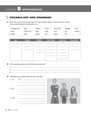 5  UNIT 1 • People
1  VOCABULARY AND GRAMMAR
A	 Write the words in the correct column. Three answers will be in more than one column.
Then circle the words that describe you.
	
average (x2)	 blue	 elderly	 heavy	 short (x2)	 straight	 wavy
black	 brown (x2)	 gray	 long	 slim	 tall	 young
blond	 curly	 green	red	 spiky	 thin
Age Height Weight Hair Color Hairstyle Eye Color
B	 Write sentences about you. What do you look like?
1.	
2.	
3.	
C	 Describe these people. What do they look like?
1.	Liz	 She
		
		
2.	Ed	
		
		
3.	Ana	
		
		
LESSON  B APPEARANCE
 