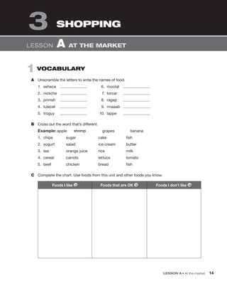 LESSON A • At the market 14
1 Vocabulary
A Unscramble the letters to write the names of food.
1. sehece 6. mootat
2. nickche 7. torcar
3. primsh 8. ragep
4. tulecet 9. nnaaab
5. troguy 10. lappe
B Cross out the word that’s different.
Example: apple shrimp grapes banana
1. chips sugar cake fish
2. yogurt salad ice cream butter
3. tea orange juice rice milk
4. cereal carrots lettuce tomato
5. beef chicken bread fish
C Complete the chart. Use foods from this unit and other foods you know.
3 SHoPPing
Lesson A At the MARKet
Foods I like Foods that are OK Foods I don’t like
 