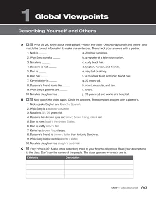 UNIT 1 • Video Worksheet VW3
A What do you know about these people? Watch the video “Describing yourself and others” and
match the correct information to make true sentences. Then check your answers with a partner.
1. Nick is
2. Woo Sung speaks
3. Natalie is
4. Dayanne is not
5. Dan is
6. Dan has
7. Kevin’s sister is
8. Dayanne’s friend looks like
9. Woo Sung’s parents are
10. Natalie’s daughter has
a. Antonio Banderas.
b. a reporter at a television station.
c. curly black hair.
d. English, Korean, and French.
e. very tall or skinny.
f. a muscular build and short blond hair.
g. 23 years old.
h. short, muscular, and tan.
i. short.
j. 28 years old and works at a hospital.
B Now watch the video again. Circle the answers. Then compare answers with a partner’s.
1. Nick speaks English and French / Spanish.
2. Woo Sung is a teacher / student.
3. Natalie is 25 / 29 years old.
4. Dayanne has brown eyes and short, brown / long, black hair.
5. Dan is from Brazil / the United States.
6. Dan is pretty short / tall.
7. Kevin has brown / hazel eyes.
8. Dayanne’s friend is thinner / taller than Antonio Banderas.
9. Woo Sung looks like his parents / sister.
10. Natalie’s daughter has straight / curly hair.
C group
Play “Who is it?” Make notes describing three of your favorite celebrities. Read your descriptions
to the class. Don’t say the names of the people. The class guesses who each one is.
Celebrity Description
1 Global Viewpoints
Describing Yourself and Others
 
