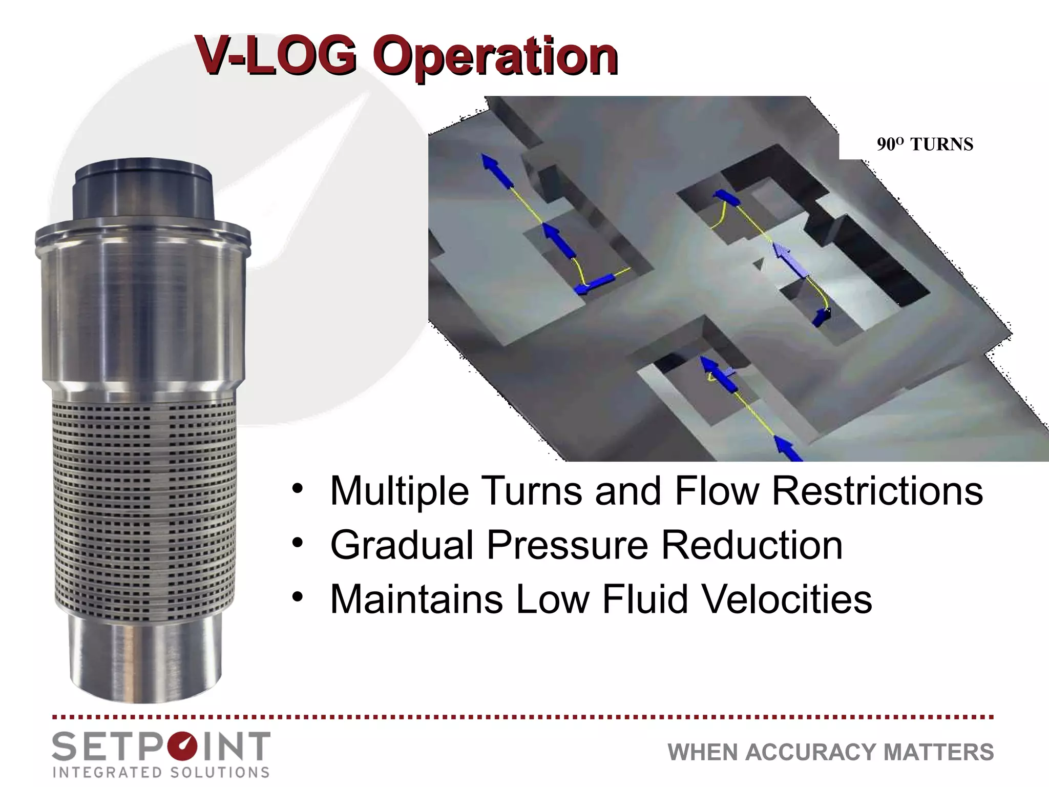 WHEN ACCURACY MATTERS
V-LOG OperationV-LOG Operation
• Multiple Turns and Flow Restrictions
• Gradual Pressure Reduction
• Maintains Low Fluid Velocities
90O
TURNS
 