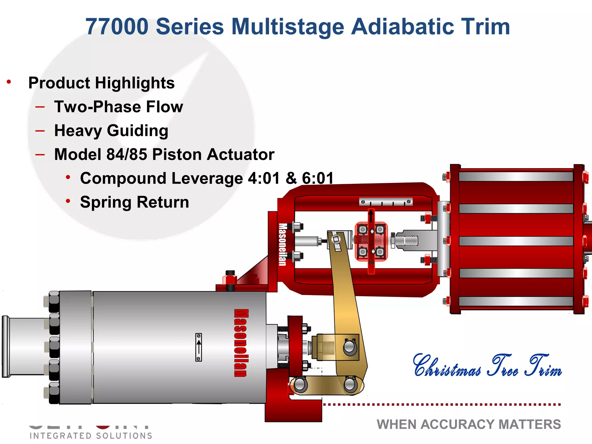 WHEN ACCURACY MATTERS
77000 Series Multistage Adiabatic Trim
• Product Highlights
– Two-Phase Flow
– Heavy Guiding
– Model 84/85 Piston Actuator
• Compound Leverage 4:01 & 6:01
• Spring Return
 