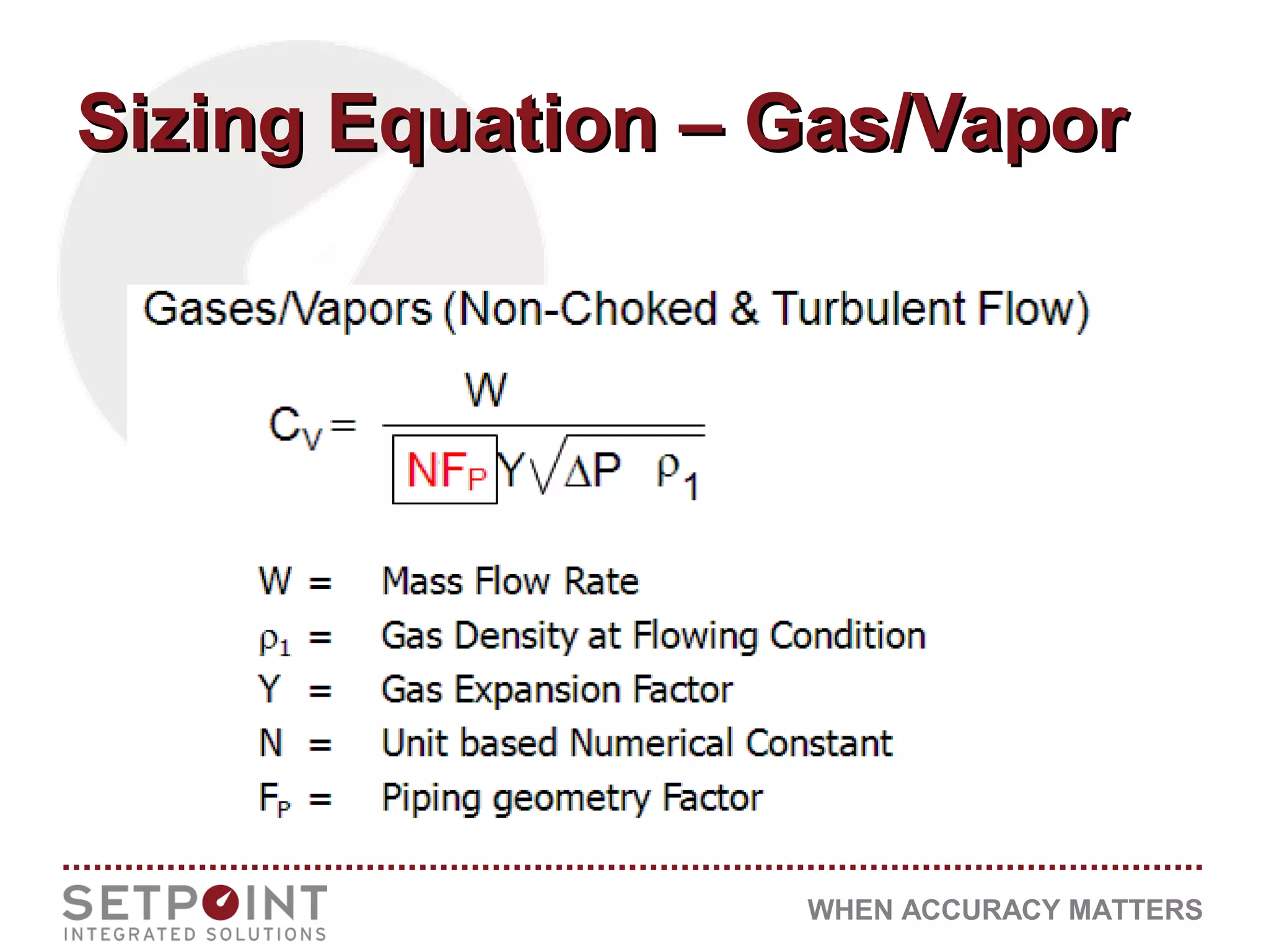 WHEN ACCURACY MATTERS
Sizing Equation – Gas/VaporSizing Equation – Gas/Vapor
 
