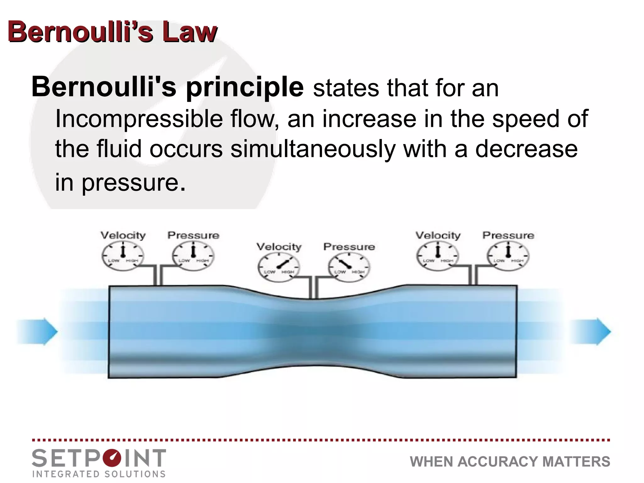 WHEN ACCURACY MATTERS
Bernoulli’s LawBernoulli’s Law
Bernoulli's principle states that for an
Incompressible flow, an increase in the speed of
the fluid occurs simultaneously with a decrease
in pressure.
 