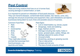 Pest Control







Rats
Mice
Cockroaches
Birds
Ants
Flies
Insects
They might also include
animals that scavenge from
food businesses, e.g.,
squirrels and foxes.
 Live or dead bodies e.g. larvae, pupae
 Droppings, nests and webbing
 Eggs, feathers and fur
 Damage including bite marks, holes in
boxes, gnawed pipes, cables, fittings, etc
 Spillage adjacent to sacks of food
 Unusual smells
 Scratching, pecking or gnawing sounds
 Paw or claw prints
 Smears and rat runs
 The loss of small amounts of food
Pests are living creature that lives on or in human food,
causing damage or contamination, or both.
It is important to prevent an infestation of food pests because
They can transmit diseases, contaminate foods (bodies, hair, faeces, urine, etc),
damage the structure of premises and equipment. Also, pest infestations can lead to
businesses being taken to court, fines and possible closure of business.
Common Food Pest: Pest Signs:
Orientation – Food Hygiene Overview
Essential Food Safety Training
Basic Food Safety and Hygiene Training
 