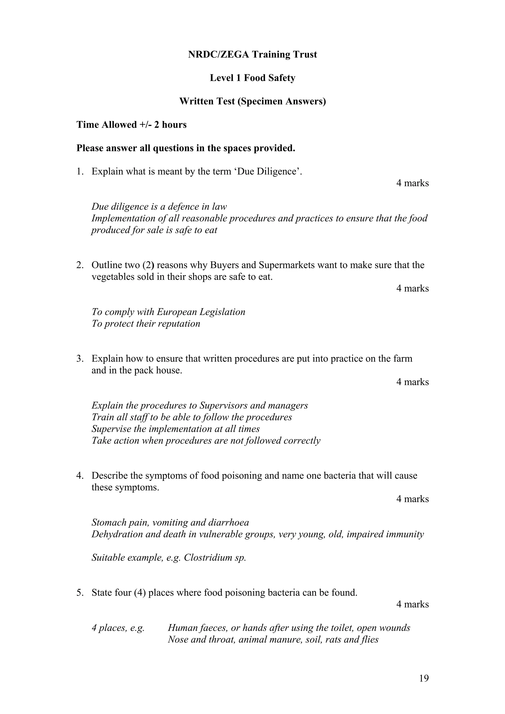 Basic food safety training pdf