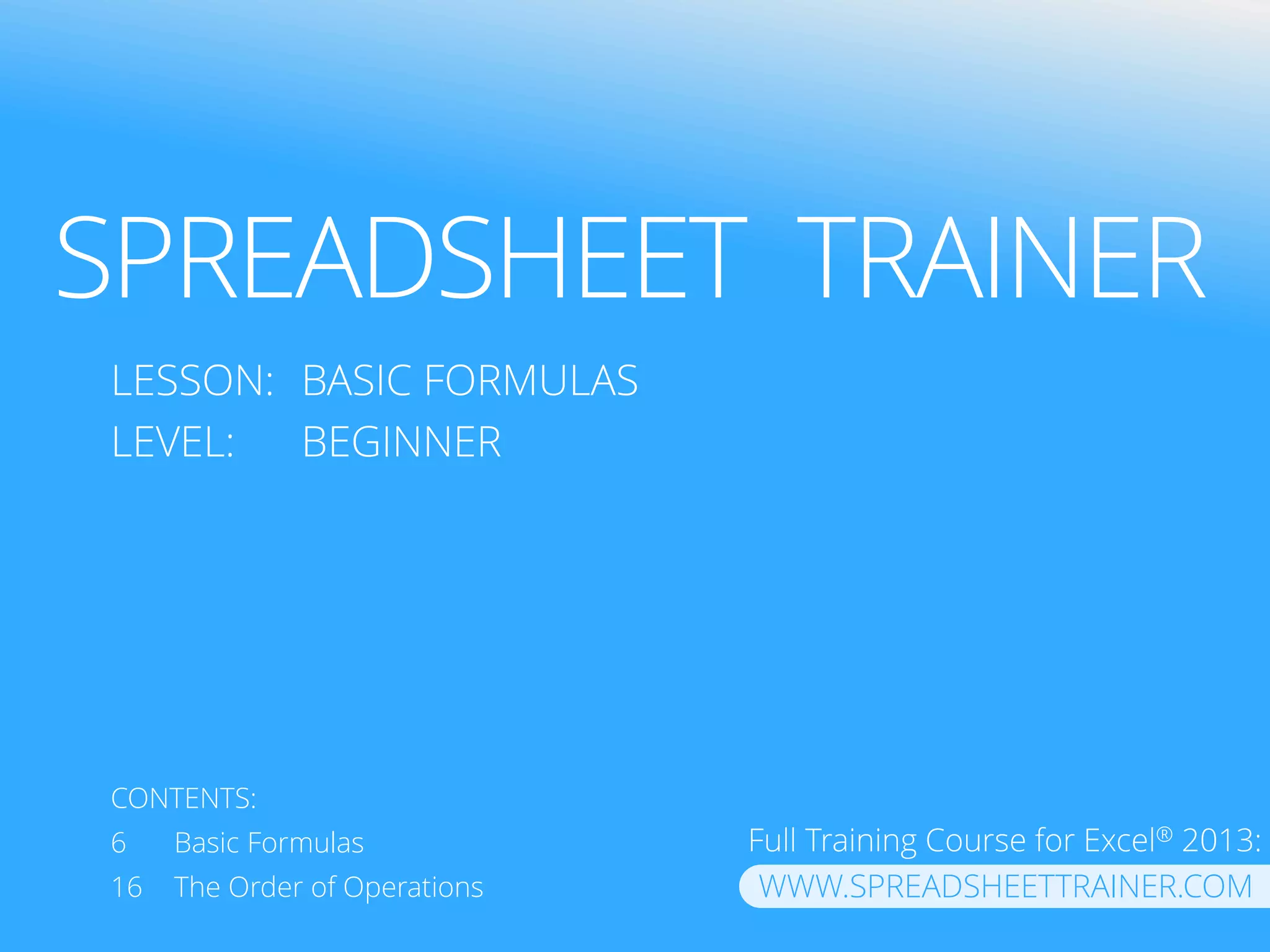 PIVOT TABLE PRO
LESSON: BASIC FORMULAS
LEVEL: BEGINNER
CONTENTS:
6 Basic Formulas
16 The Order of Operations
PIVOT TABLE PRO
Find more at
WWW.PIVOTTABLE-PRO.COM
 