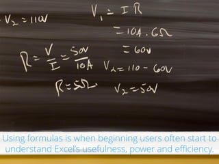 Using formulas is when beginning users often start to
understand Excel’s usefulness, power and efficiency.
 