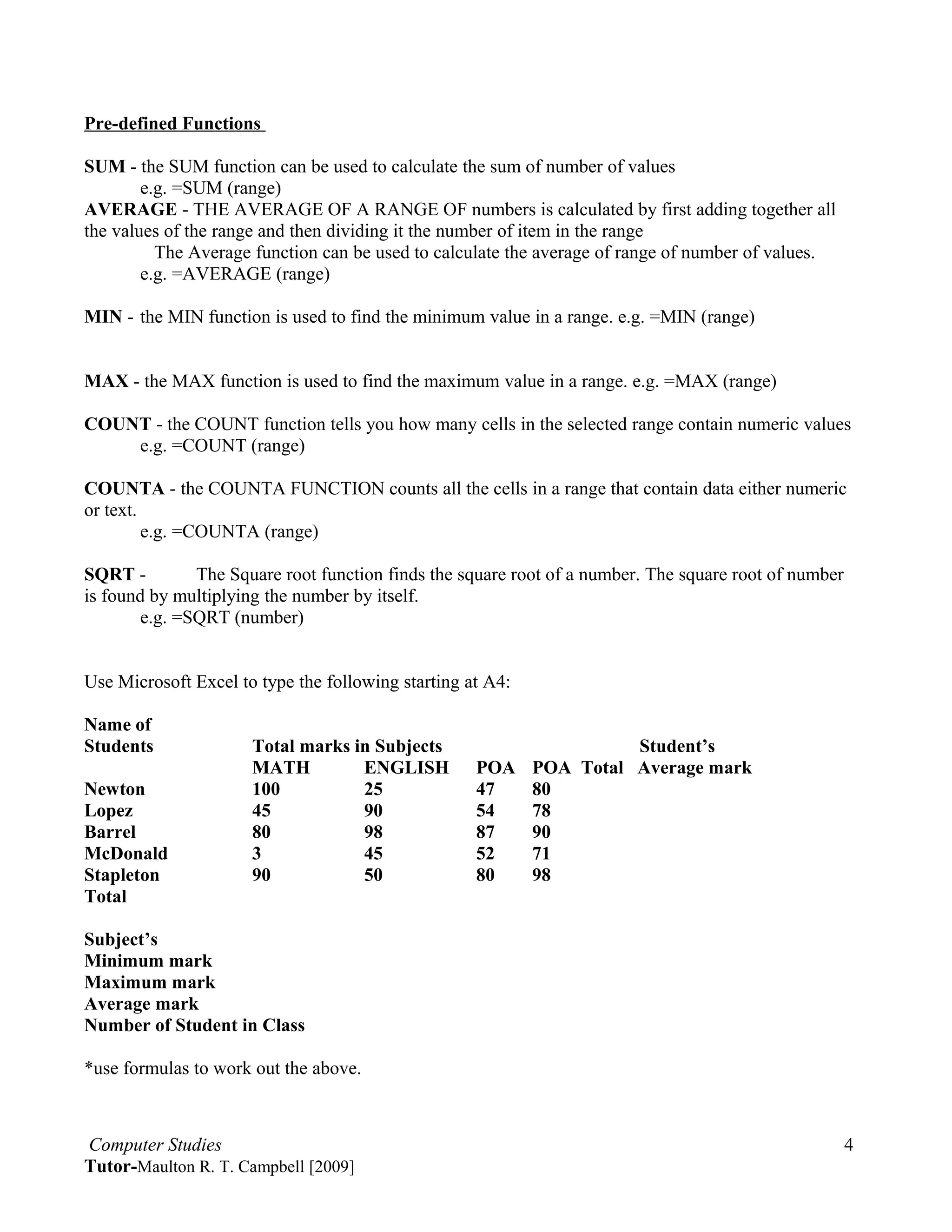 Basic formulas and functions | DOC
