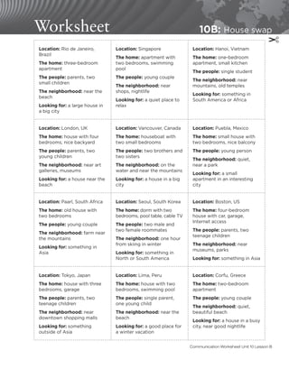 Worksheet 10B: House swap
Location: Rio de Janeiro,
Brazil
The home: three-bedroom
apartment
The people: parents, two
small children
The neighborhood: near the
beach
Looking for: a large house in
a big city
Location: Singapore
The home: apartment with
two bedrooms, swimming
pool
The people: young couple
The neighborhood: near
shops, nightlife
Looking for: a quiet place to
relax
Location: Hanoi, Vietnam
The home: one-bedroom
apartment, small kitchen
The people: single student
The neighborhood: near
mountains, old temples
Looking for: something in
South America or Africa
Location: London, UK
The home: house with four
bedrooms, nice backyard
The people: parents, two
young children
The neighborhood: near art
galleries, museums
Looking for: a house near the
beach
Location: Vancouver, Canada
The home: houseboat with
two small bedrooms
The people: two brothers and
two sisters
The neighborhood: on the
water and near the mountains
Looking for: a house in a big
city
Location: Puebla, Mexico
The home: small house with
two bedrooms, nice balcony
The people: young person
The neighborhood: quiet,
near a park
Looking for: a small
apartment in an interesting
city
Location: Paarl, South Africa
The home: old house with
two bedrooms
The people: young couple
The neighborhood: farm near
the mountains
Looking for: something in
Asia
Location: Seoul, South Korea
The home: dorm with two
bedrooms, pool table, cable TV
The people: two male and
two female roommates
The neighborhood: one hour
from skiing in winter
Looking for: something in
North or South America
Location: Boston, US
The home: four-bedroom
house with car, garage,
Internet access
The people: parents, two
teenage children
The neighborhood: near
museums, parks
Looking for: something in Asia
Location: Tokyo, Japan
The home: house with three
bedrooms, garage
The people: parents, two
teenage children
The neighborhood: near
downtown shopping malls
Looking for: something
outside of Asia
Location: Lima, Peru
The home: house with two
bedrooms, swimming pool
The people: single parent,
one young child
The neighborhood: near the
beach
Looking for: a good place for
a winter vacation
Location: Corfu, Greece
The home: two-bedroom
apartment
The people: young couple
The neighborhood: quiet,
beautiful beach
Looking for: a house in a busy
city, near good nightlife
✂
Communication Worksheet Unit 10 Lesson B
 