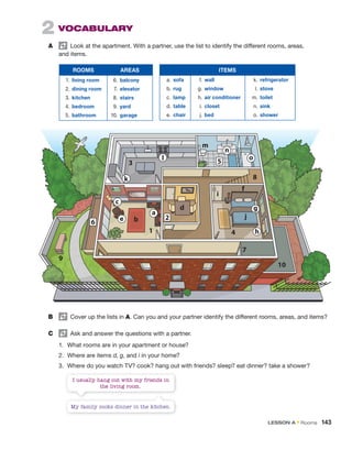 2 VOCABULARY
A Look at the apartment. With a partner, use the list to identify the different rooms, areas,
and items.
ROOMS AREAS
1. living room
2. dining room
3. kitchen
4. bedroom
5. bathroom
6. balcony
7. elevator
8. stairs
9. yard
10. garage
B Cover up the lists in A. Can you and your partner identify the different rooms, areas, and items?
C Ask and answer the questions with a partner.
1. What rooms are in your apartment or house?
2. Where are items d, g, and i in your home?
3. Where do you watch TV? cook? hang out with friends? sleep? eat dinner? take a shower?
I usually hang out with my friends in
the living room.
My family cooks dinner in the kitchen.
b
d
f
i
j
m
g
n
o
h
1
3
4
7
8
9
10
5
2
6
a
k
c
e
l
ITEMS
a. sofa
b. rug
c. lamp
d. table
e. chair
f. wall
g. window
h. air conditioner
i. closet
j. bed
k. refrigerator
l. stove
m. toilet
n. sink
o. shower
LESSON A • Rooms 143
 