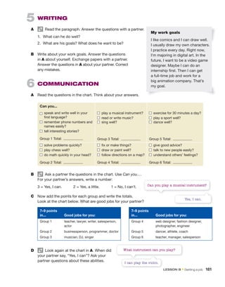 5 WRITING
A Read the paragraph. Answer the questions with a partner.
1. What can he do well?
2. What are his goals? What does he want to be?
B Write about your work goals. Answer the questions
in A about yourself. Exchange papers with a partner.
Answer the questions in A about your partner. Correct
any mistakes.
6 COMMUNICATION
A Read the questions in the chart. Think about your answers.
Yes, I can.
I can play the violin.
C Now add the points for each group and write the totals.
Look at the chart below. What are good jobs for your partner?
7–9 points
in... Good jobs for you:
Group 1 teacher, lawyer, writer, salesperson,
actor
Group 2 businessperson, programmer, doctor
Group 3 musician, DJ, singer
7–9 points
in... Good jobs for you:
Group 4 web designer, fashion designer,
photographer, engineer
Group 5 dancer, athlete, coach
Group 6 teacher, manager, salesperson
D Look again at the chart in A. When did
your partner say, “Yes, I can”? Ask your
partner questions about these abilities.
Can you...
speak and write well in your
first language?
remember phone numbers and
names easily?
tell interesting stories?
Group 1 Total:
play a musical instrument?
read or write music?
sing well?
Group 3 Total:
exercise for 30 minutes a day?
play a sport well?
dance well?
Group 5 Total:
solve problems quickly?
play chess well?
do math quickly in your head?
Group 2 Total:
fix or make things?
draw or paint well?
follow directions on a map?
Group 4 Total:
give good advice?
talk to new people easily?
understand others’ feelings?
Group 6 Total:
B Ask a partner the questions in the chart. Use Can you....
For your partner’s answers, write a number:
3 = Yes, I can. 2 = Yes, a little. 1 = No, I can’t. Can you play a musical instrument?
What instrument can you play?
My work goals
I like comics and I can draw well.
I usually draw my own characters.
I practice every day. Right now,
I’m majoring in digital art. In the
future, I want to be a video game
designer. Maybe I can do an
internship first. Then I can get
a full-time job and work for a
big animation company. That’s
my goal.
LESSON B • Getting a job 181
 