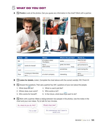 5 WHAT DO YOU DO?
A Predict. Look at the photos. Can you guess any information in the chart? Work with a partner.
Name Job Where What’s the job like? Wants to…
Bill
at a place called
The Matrix
works
have his own
restaurant
Kira works for herself
has a
store online
great, but she’s
busy
get someone to
her
Juan in
sometimes work during the
Diya
is doing an internship
as a
at a tech company interesting
get a
job there
B Listen for details. Listen. Complete the chart above with the correct word(s). CD 2 Track 43
C Answer the questions. Then ask a partner four Wh- questions of your own about the people.
1. What does Bill do? 4. What is Juan’s job like?
2. Where does Juan work? 5. Who works a lot?
3. Who works for herself? 6. In the future, what does Diya want to do?
D Work with a partner. Make a dialog between two people in the photos. Use the notes in the
chart and your own ideas. Try to talk for two minutes.
So, what do you do, Bill? What’s that like?
I’m a chef. It’s interesting, but I have to
work a lot.
/ˈkɪərə/
/bɪl/
/ˈdijə/
REVIEW • Units 10–12 185
 