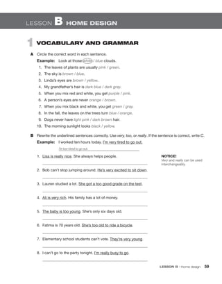 LESSON B • Home design 59
1  VOCABULARY AND GRAMMAR
A	 Circle the correct word in each sentence.
Example:  Look at those white / blue clouds.
	 1.	 The leaves of plants are usually pink / green.
	 2.	 The sky is brown / blue.
	 3.	 Linda’s eyes are brown / yellow.
	 4.	 My grandfather’s hair is dark blue / dark gray.
	 5.	 When you mix red and white, you get purple / pink.
	 6.	 A person’s eyes are never orange / brown.
	 7.	 When you mix black and white, you get green / gray.
	8.	 In the fall, the leaves on the trees turn blue / orange.
	 9.	 Dogs never have light pink / dark brown hair.
	
10.	 The morning sunlight looks black / yellow.
B	 Rewrite the underlined sentences correctly. Use very, too, or really. If the sentence is correct, write C.
Example:  I worked ten hours today. I’m very tired to go out.
	 I’m too tired to go out.
1.	 Lisa is really nice. She always helps people.
	
2.	 Bob can’t stop jumping around. He’s very excited to sit down.
	
3.	 Lauren studied a lot. She got a too good grade on the test.
	
4.	 Ali is very rich. His family has a lot of money.
	
5.	 The baby is too young. She’s only six days old.
	
6.	 Fatima is 70 years old. She’s too old to ride a bicycle.
	
7.	 Elementary school students can’t vote. They’re very young.
	
8.	 I can’t go to the party tonight. I’m really busy to go.
	
LESSON B  HOME DESIGN
NOTICE!
Very and really can be used
interchangeably.
 
