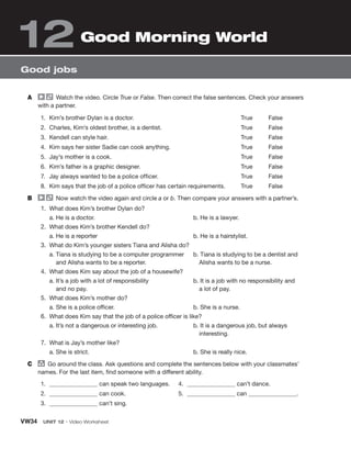 VW34 UNIT 12 • Video Worksheet
Good jobs
A Watch the video. Circle True or False. Then correct the false sentences. Check your answers
with a partner.
1. Kim’s brother Dylan is a doctor.
2. Charles, Kim’s oldest brother, is a dentist.
3. Kendell can style hair.
4. Kim says her sister Sadie can cook anything.
5. Jay’s mother is a cook.
6. Kim’s father is a graphic designer.
7. Jay always wanted to be a police officer.
8. Kim says that the job of a police officer has certain requirements.
True False
True False
True False
True False
True False
True False
True False
True False
B Now watch the video again and circle a or b. Then compare your answers with a partner’s.
1. What does Kim’s brother Dylan do?
a. He is a doctor. b. He is a lawyer.
2. What does Kim’s brother Kendell do?
a. He is a reporter b. He is a hairstylist.
3. What do Kim’s younger sisters Tiana and Alisha do?
a. Tiana is studying to be a computer programmer b. Tiana is studying to be a dentist and
and Alisha wants to be a reporter. Alisha wants to be a nurse.
4. What does Kim say about the job of a housewife?
a. It’s a job with a lot of responsibility b. It is a job with no responsibility and
and no pay. a lot of pay.
5. What does Kim’s mother do?
a. She is a police officer. b. She is a nurse.
6. What does Kim say that the job of a police officer is like?
a. It’s not a dangerous or interesting job. b. It is a dangerous job, but always
interesting.
7. What is Jay’s mother like?
a. She is strict. b. She is really nice.
C group
Go around the class. Ask questions and complete the sentences below with your classmates’
names. For the last item, find someone with a different ability.
1. can speak two languages.
2. can cook.
3. can’t sing.
4. can’t dance.
5. can .
Good Morning World
12
 