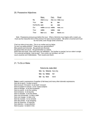 20. Possessive Adjectives
Masc. Fem. Plural
My mon (mohn) ma (mah) mes (may)
Your ton ta tes
His/Her/Its son sa ses
Our notre (noh-truh) notre nos (noh)
Your votre votre vos
Their leur (luhr) leur leurs (luhr)
Note: Possessive pronouns go before the noun. When a feminine noun begins with a vowel, you
must use the masculine form of the pronoun for ease of pronunciation. Ma amie is incorrect and must
be mon amie, even though amie is feminine.
C'est ma mère et mon père. This is my mother and my father.
Ce sont vos petits-enfants? These are your grandchildren?
Mes parents sont divorcés. My parents are divorced.
Sa grand-mère est veuve. His grandmother is a widow.
Notre frère est marié, mais notre sœur est célibataire. Our brother is married, but our sister is single.
Ton oncle est architecte, n'est-ce pas? Your uncle is an architect, isn't he?
Leurs cousines sont hollandaises. Their cousins are Dutch.
21. To Do or Make
Faire-to do, make (fair)
fais fay faisons fezz-ohn
fais fay faites fett
fait fay font fohnt
Faire is used in expressions of weather (il fait beau) and many other idiomatic expressions:
faire de (a sport) - to play (a sport)
faire le sourd / l'innocent - to act deaf / innocent
faire le (subject in school) - to do / study (subject)
faire le ménage - to do the housework
faire la cuisine - to do the cooking
faire la lessive - to do laundry
faire la vaisselle - to do the dishes
faire une promenade - to take a walk
faire une voyage - to take a trip
faire les courses - to run errands
faire des achats - to go shopping
faire de l'exercice - to exercise
faire attention - to pay attention
faire la queue - to stand in line
 