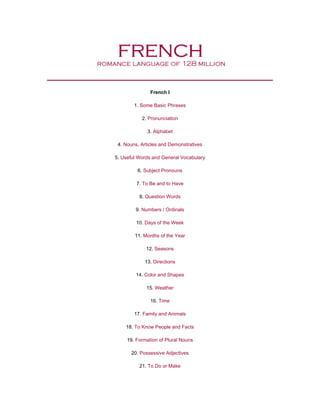 French I
1. Some Basic Phrases
2. Pronunciation
3. Alphabet
4. Nouns, Articles and Demonstratives
5. Useful Words and General Vocabulary
6. Subject Pronouns
7. To Be and to Have
8. Question Words
9. Numbers / Ordinals
10. Days of the Week
11. Months of the Year
12. Seasons
13. Directions
14. Color and Shapes
15. Weather
16. Time
17. Family and Animals
18. To Know People and Facts
19. Formation of Plural Nouns
20. Possessive Adjectives
21. To Do or Make
 