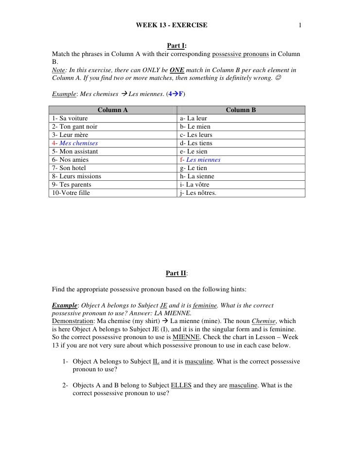 French Possessive Pronouns Chart