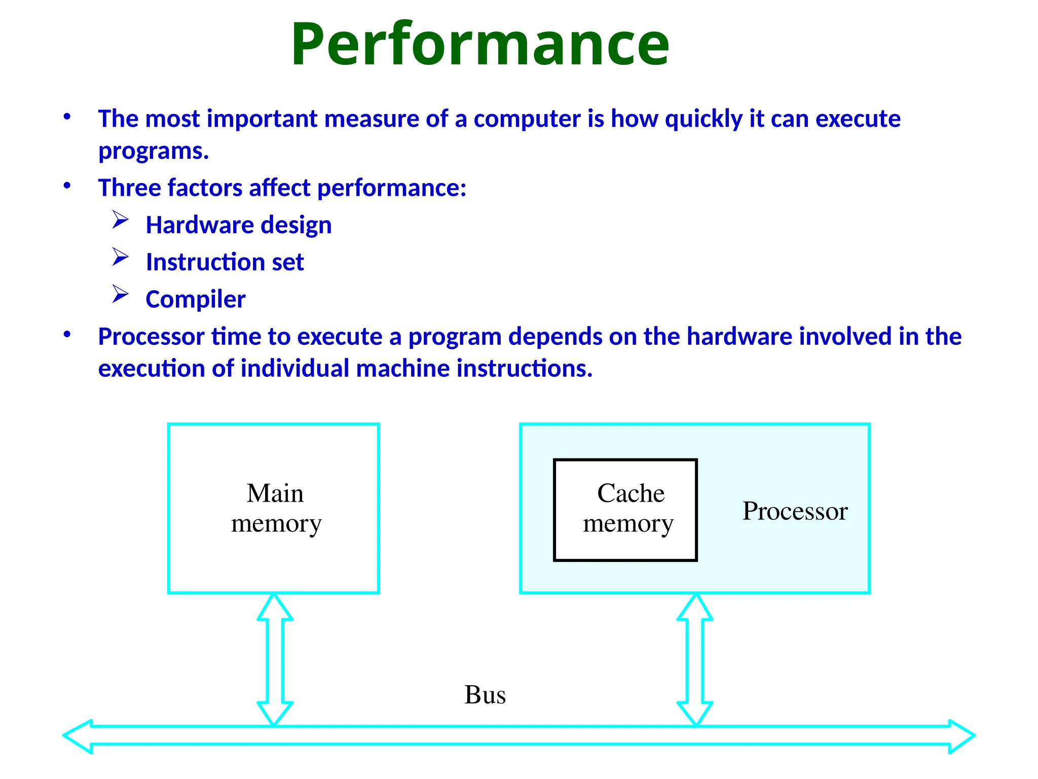 Performance
• The most important measure of a computer is how quickly it can execute
programs.
• Three factors affect performance:
 Hardware design
 Instruction set
 Compiler
• Processor time to execute a program depends on the hardware involved in the
execution of individual machine instructions.
Main
memory Processor
Bus
Cache
memory
 