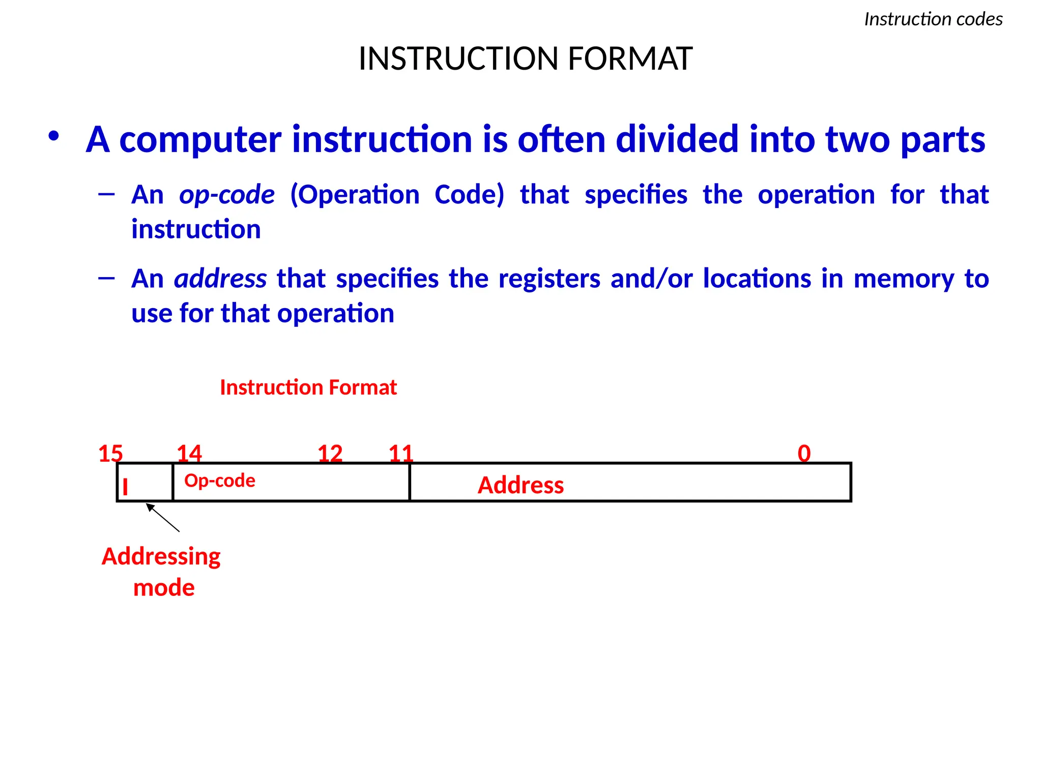 INSTRUCTION FORMAT
Instruction codes
• A computer instruction is often divided into two parts
– An op-code (Operation Code) that specifies the operation for that
instruction
– An address that specifies the registers and/or locations in memory to
use for that operation
Op-code Address
Instruction Format
15 14 12 0
I
11
Addressing
mode
 