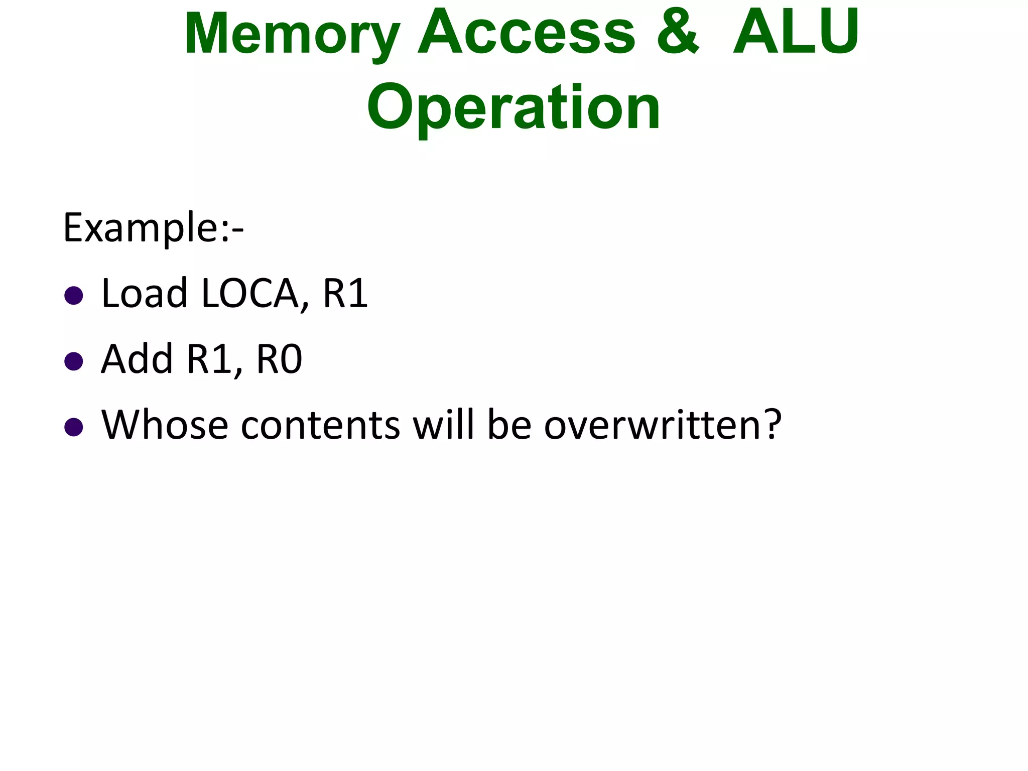 Memory Access & ALU
Operation
Example:-
 Load LOCA, R1
 Add R1, R0
 Whose contents will be overwritten?
 