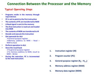 Connection Between the Processor and the Memory
Figure 1.2. Connections between the processor and the memory.
1. Instruction register (IR)
2. Program counter (PC)
3. General-purpose register (R0 – Rn-1)
4. Memory address register (MAR)
5. Memory data register (MDR)
• Programs reside in the memory through
input devices
• PC is set to point to the first instruction
• The contents of PC are transferred to MAR
• A Read signal is sent to the memory
• The first instruction is read out and loaded
into MDR
• The contents of MDR are transferred to IR
• Decode and execute the instruction
• Get operands for ALU
General-purpose register
Memory (address to MAR – Read –
MDR to ALU)
• Perform operation in ALU
• Store the result back
To general-purpose register
To memory (address to MAR, result to
MDR – Write)
• During the execution, PC is incremented
to the next instruction.
Typical Operating Steps
 