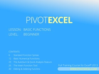PIVOT TABLE PRO
LESSON: BASIC FUNCTIONS
LEVEL: BEGINNER
CONTENTS:
6 Standard Function Syntax
12 Basic Numerical Functions
23 The AutoSum & Quick Analysis Feature
26 The Insert Function Tool
30 Editing & Deleting Functins
PIVOT TABLE PRO
Find more at
WWW.PIVOTTABLE-PRO.COM
 