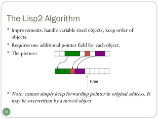 The Lisp2 Algorithm Improvements: handle variable sized objects, keep order of objects.  Requires one additional pointer field for each object.  The picture: Note: cannot simply keep forwarding pointer in original address. It may be overwritten by a moved object Free 