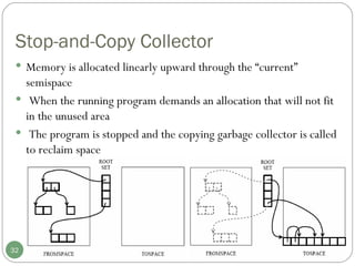 Stop-and-Copy Collector Memory is allocated linearly upward through the “current” semispace When the running program demands an allocation that will not fit in the unused area The program is stopped and the copying garbage collector is called to reclaim space 