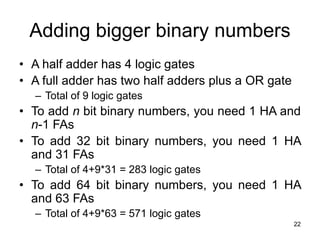 22
Adding bigger binary numbers
• A half adder has 4 logic gates
• A full adder has two half adders plus a OR gate
– Total of 9 logic gates
• To add n bit binary numbers, you need 1 HA and
n-1 FAs
• To add 32 bit binary numbers, you need 1 HA
and 31 FAs
– Total of 4+9*31 = 283 logic gates
• To add 64 bit binary numbers, you need 1 HA
and 63 FAs
– Total of 4+9*63 = 571 logic gates
 