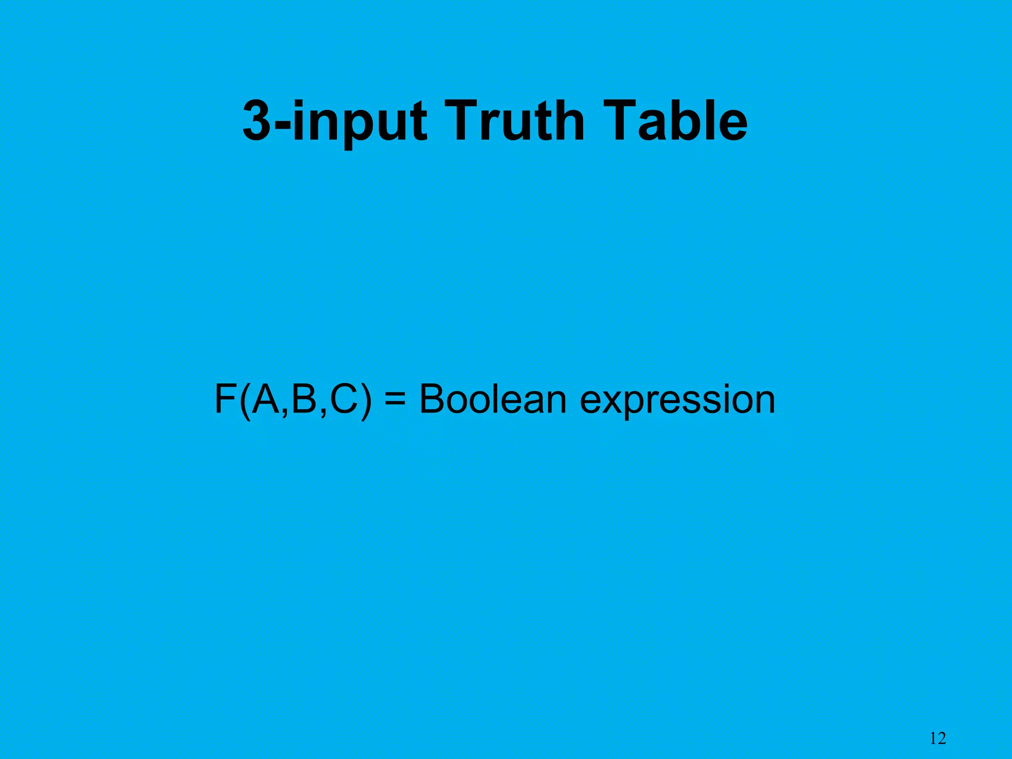 12
3-input Truth Table
F(A,B,C) = Boolean expression
 
