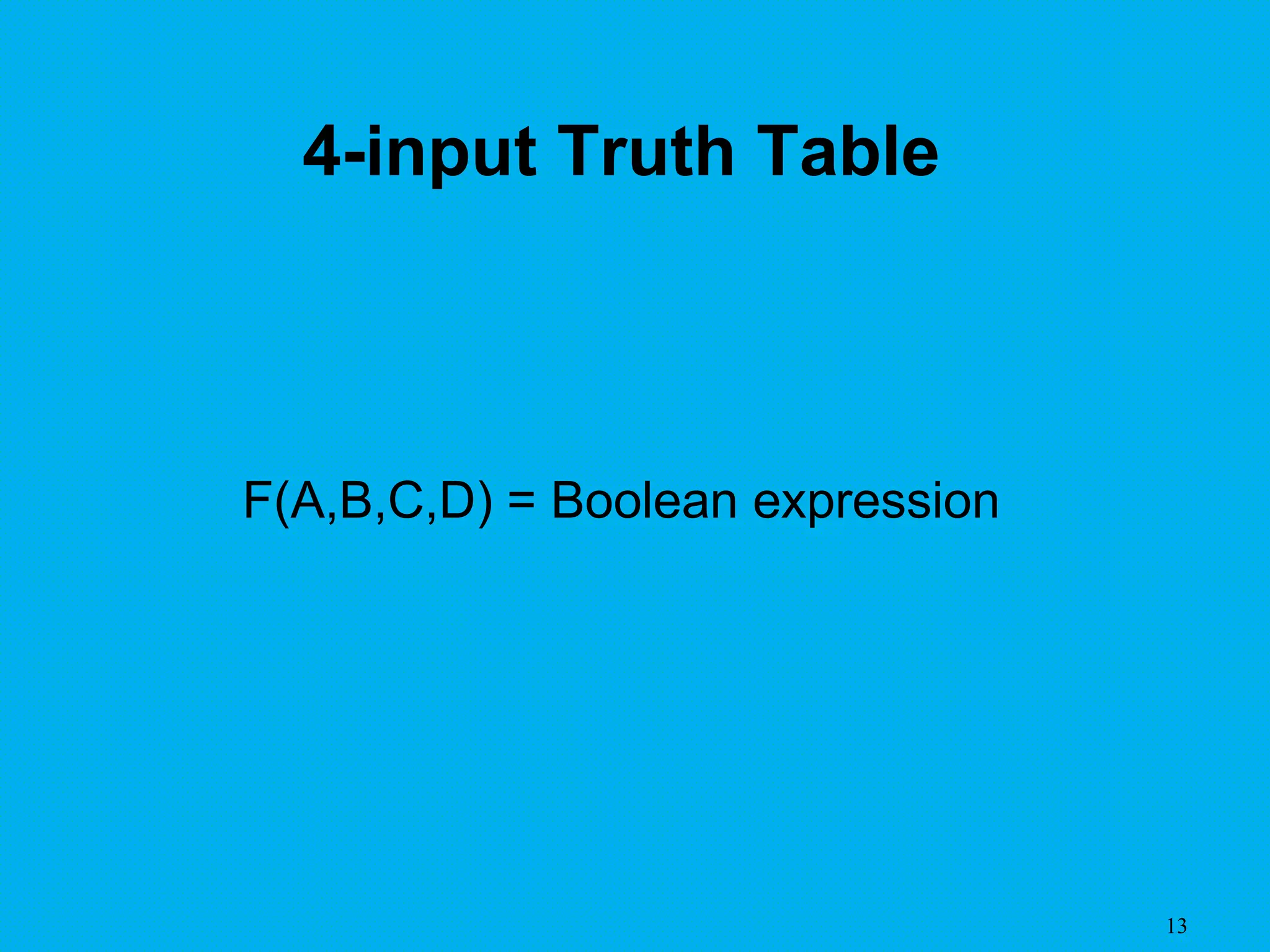 13
4-input Truth Table
F(A,B,C,D) = Boolean expression
 