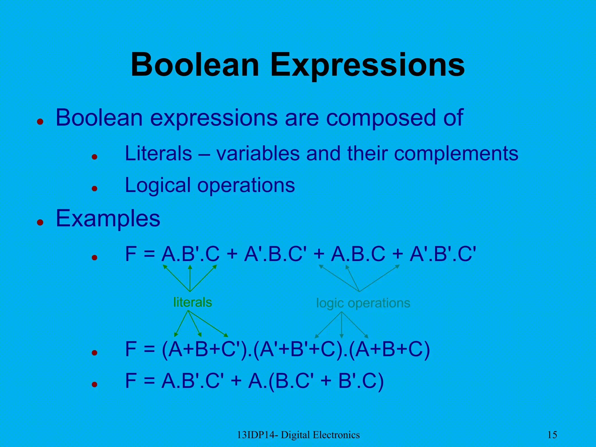 13IDP14- Digital Electronics 15
Boolean Expressions
 Boolean expressions are composed of
 Literals – variables and their complements
 Logical operations
 Examples
 F = A.B'.C + A'.B.C' + A.B.C + A'.B'.C'
 F = (A+B+C').(A'+B'+C).(A+B+C)
 F = A.B'.C' + A.(B.C' + B'.C)
literals logic operations
 