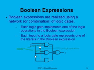 13IDP14- Digital Electronics 16
Boolean Expressions
 Boolean expressions are realized using a
network (or combination) of logic gates.
 Each logic gate implements one of the logic
operations in the Boolean expression
 Each input to a logic gate represents one of
the literals in the Boolean expression
f
A
B
logic operationsliterals
 
