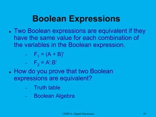 13IDP14- Digital Electronics 19
Boolean Expressions
 Two Boolean expressions are equivalent if they
have the same value for each combination of
the variables in the Boolean expression.
 F1 = (A + B)'
 F2 = A'.B'
 How do you prove that two Boolean
expressions are equivalent?
 Truth table
 Boolean Algebra
 