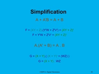 13IDP14- Digital Electronics 28
Simplification
A + A'B = A + B
F = (XY + Z).(Y'W + Z'V') + (XY + Z)'
F = Y'W + Z'V' + (XY + Z)'
A.(A' + B) = A . B
G = (X + Y).( (X + Y)' + (WZ) )
G = (X + Y) . WZ
 