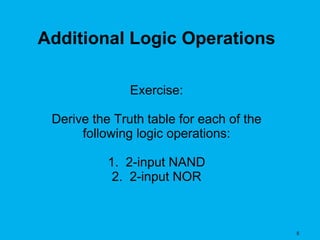 8
Exercise:
Derive the Truth table for each of the
following logic operations:
1. 2-input NAND
2. 2-input NOR
Additional Logic Operations
 