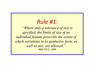 Rule #1:
“Where only a tolerance of size is
specified, the limits of size of an
individual feature prescribe the extent of
which variations in its geometric form, as
well as size, are allowed.”
ANSI Y14.5 – 1994

 