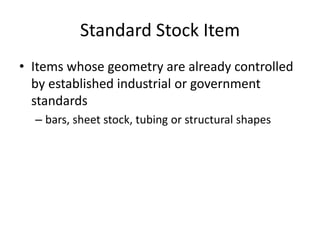 Standard Stock Item
• Items whose geometry are already controlled
by established industrial or government
standards
– bars, sheet stock, tubing or structural shapes

 