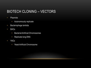 BIOTECH CLONING – VECTORS
•   Plasmids
     • Autonomously replicate
•   Bacteriophage lambda
•   BACs
     • Bacterial Artificial Chromosomes
     • Replicate long DNA
•   YACs
     • Yeast Artificial Chromosome
 