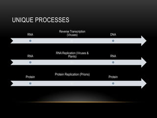 UNIQUE PROCESSES
                Reverse Transcription
    RNA              (Viruses)               DNA




             RNA Replication (Viruses &
    RNA               Plants)                RNA




             Protein Replication (Prions)
   Protein                                  Protein
 