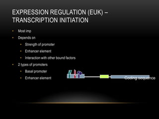 EXPRESSION REGULATION (EUK) –
TRANSCRIPTION INITIATION
•   Most imp
•   Depends on
     • Strength of promoter
     • Enhancer element
     • Interaction with other bound factors
•   2 types of promoters
     • Basal promoter
     • Enhancer element                       Coding sequence
 
