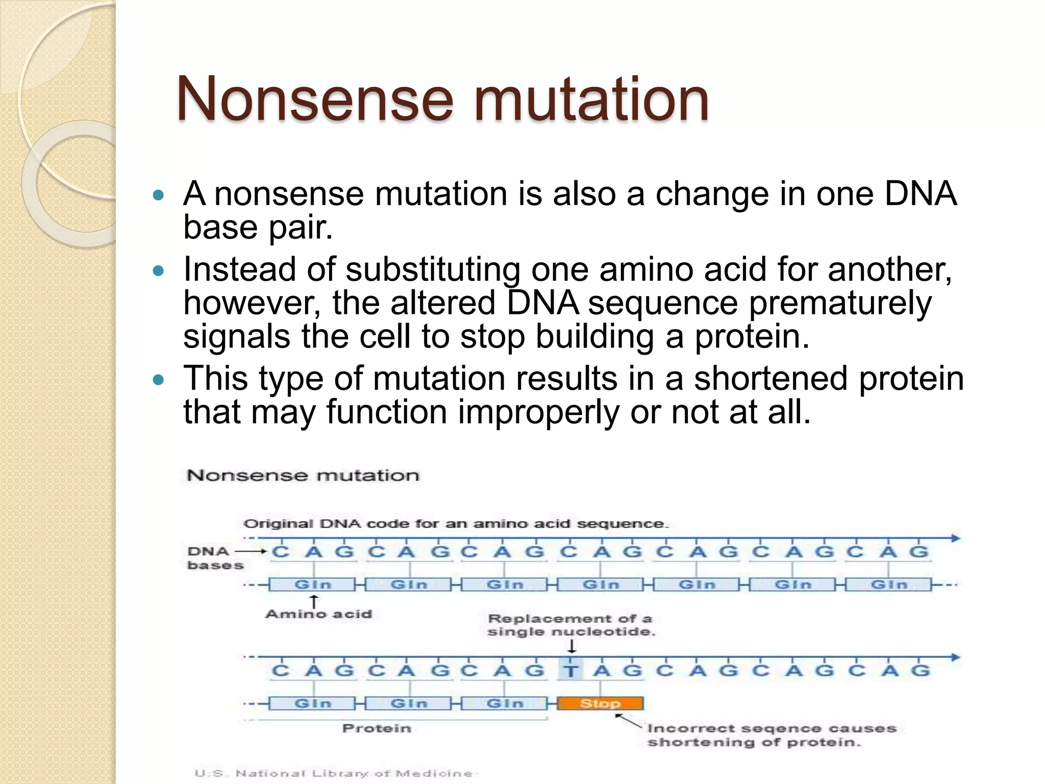 Nonsense mutation
 A nonsense mutation is also a change in one DNA
base pair.
 Instead of substituting one amino acid for another,
however, the altered DNA sequence prematurely
signals the cell to stop building a protein.
 This type of mutation results in a shortened protein
that may function improperly or not at all.
 